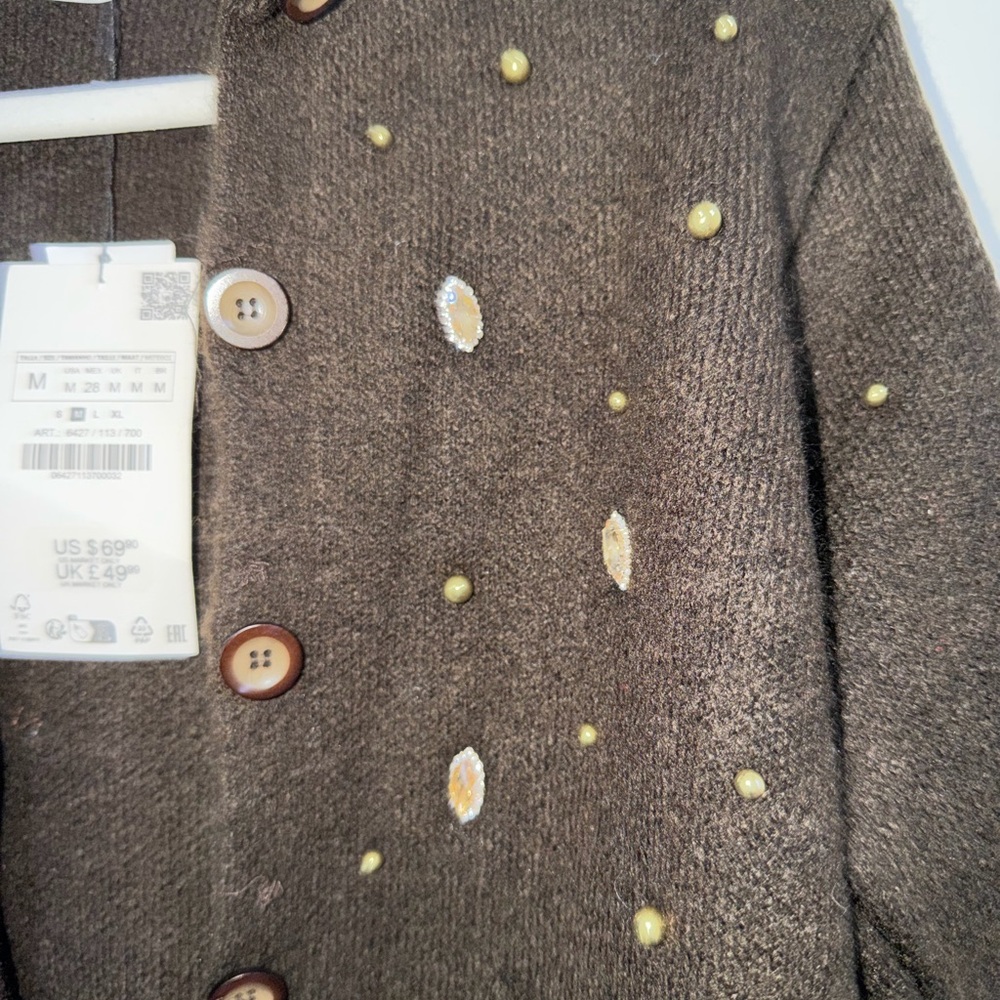 NWT Zara Brown Cardigan with Embellishments - Picture 2 of 3
